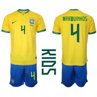 Fotbalové Dres Brazílie Marquinhos #4 Dětské Domácí MS 2022 Krátký Rukáv (+ trenýrky)